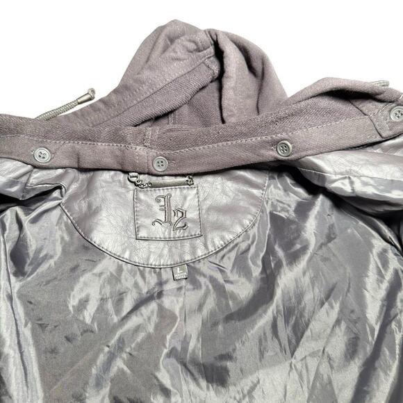 J2 Gray Faux Leather Women’s Jacket Cotton Hood Zipper Pockets Size Large Punk - Picture 3 of 9